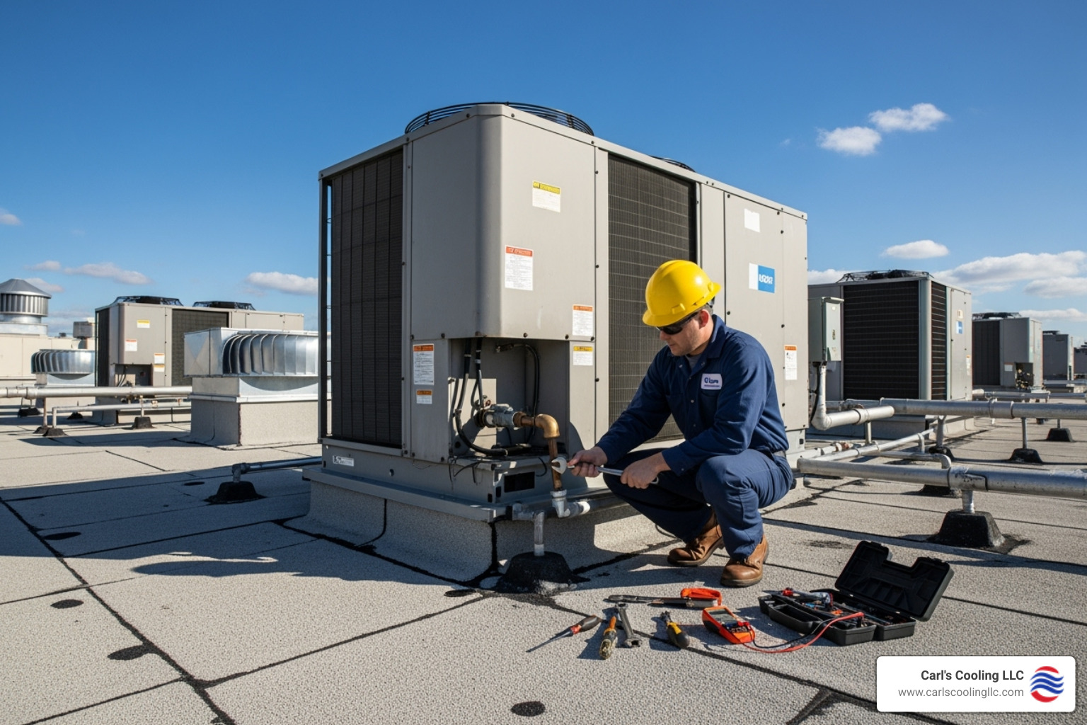 technician performing maintenance on a large commercial rooftop AC unit - ac repair conroe tx
