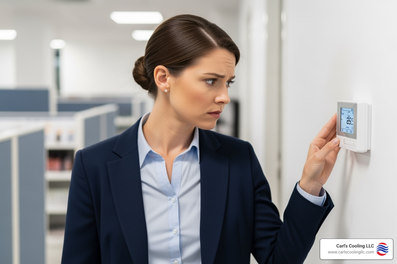 business owner looking concerned at a thermostat - ac repair conroe tx