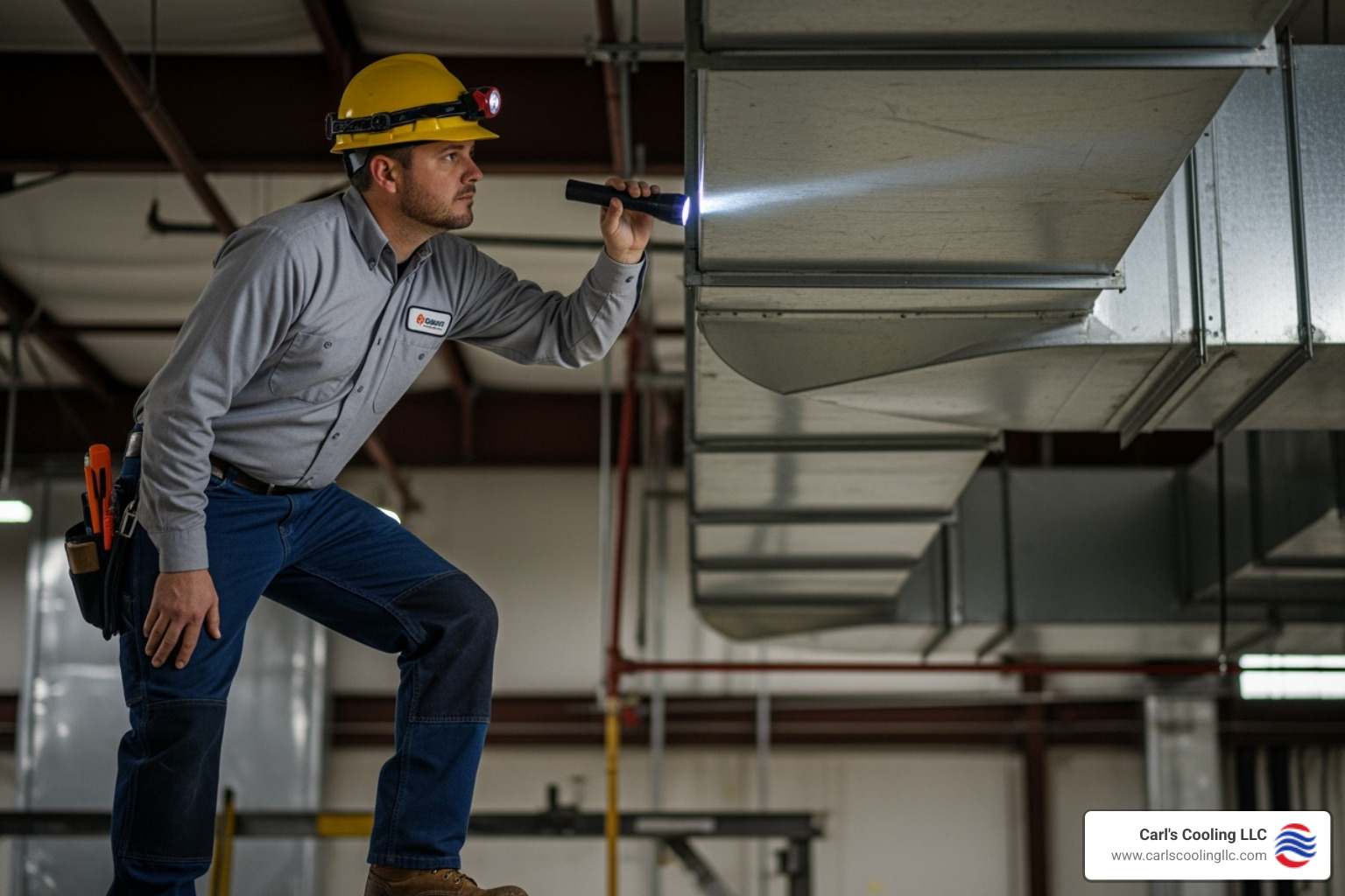 A professional HVAC technician inspecting commercial HVAC ductwork inside a building - commercial air purification conroe