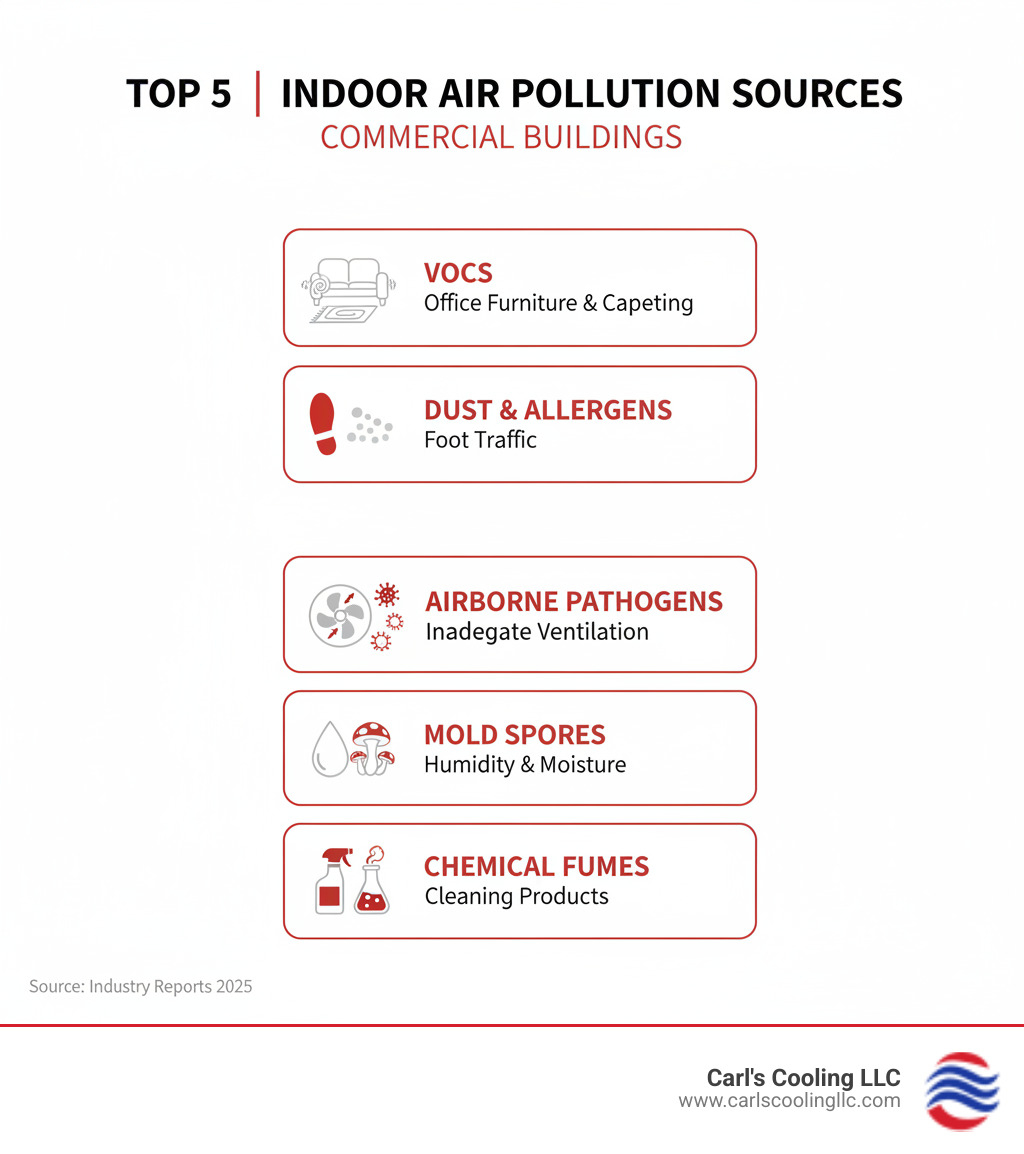 Infographic showing the top 5 sources of indoor air pollution in commercial buildings including VOCs from office furniture and carpeting, dust and allergens from foot traffic, airborne pathogens from inadequate ventilation, mold spores from humidity and moisture, and chemical fumes from cleaning products and office equipment - commercial air purification conroe infographic 
