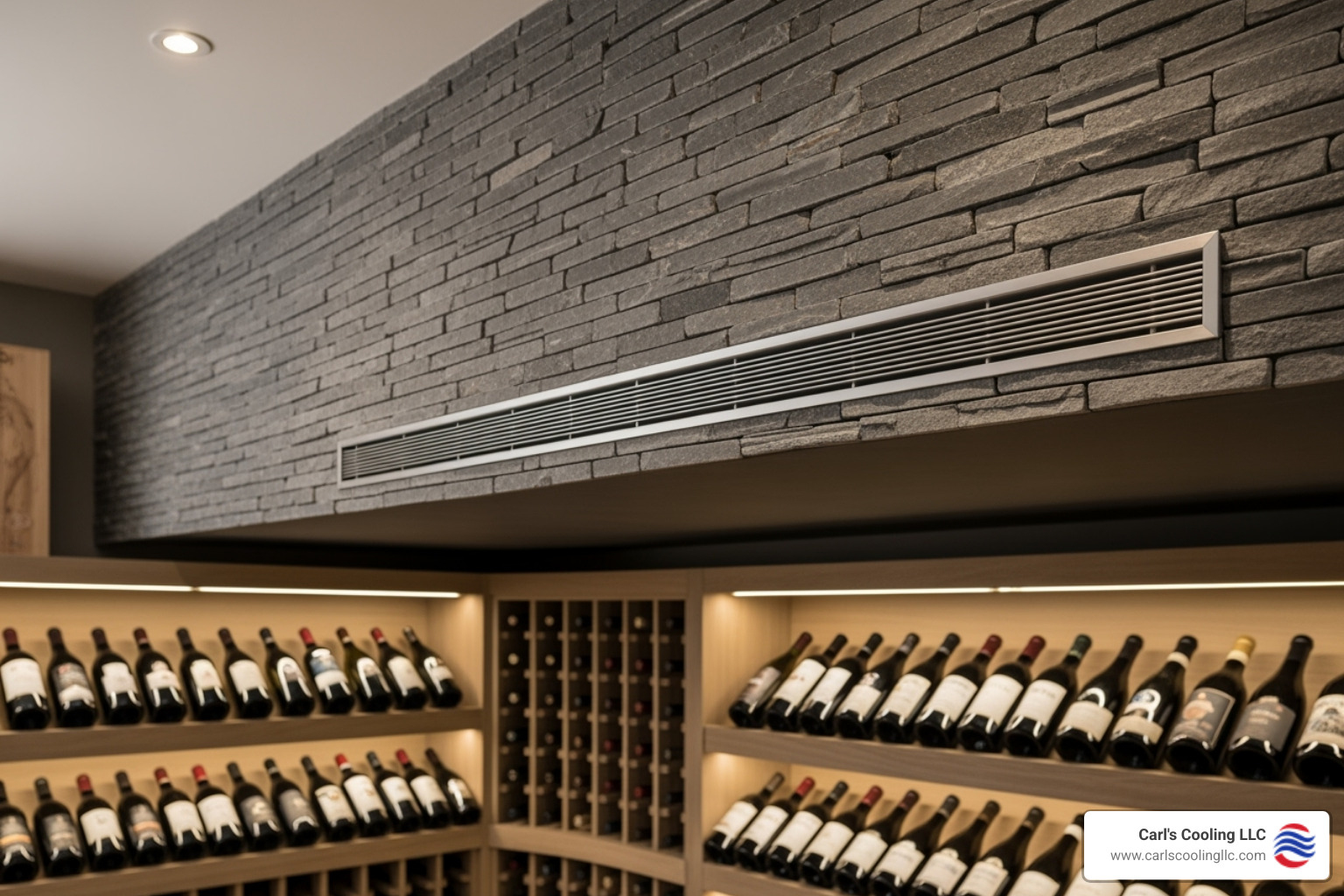 a discreetly installed ductless split system vent in a wine cellar - custom wine cellar cooling conroe a discreetly installed ductless split system vent in a wine cellar - custom wine cellar cooling conroe