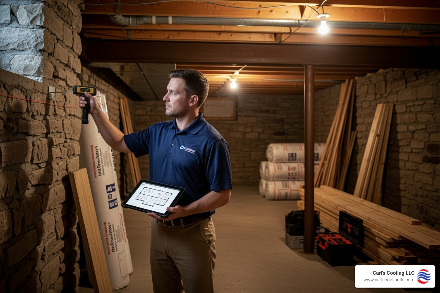 a technician assessing a space for a wine cellar installation - custom wine cellar cooling conroe a technician assessing a space for a wine cellar installation - custom wine cellar cooling conroe
