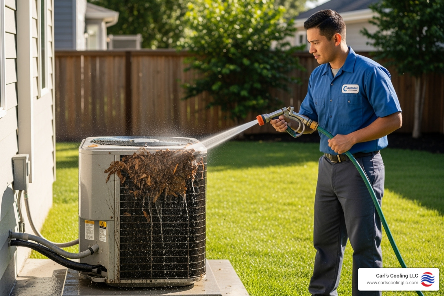 A skilled technician carefully cleaning the outdoor condenser unit of an AC system, removing debris and grime to improve efficiency and performance. - ac cleaning conroe tx A skilled technician carefully cleaning the outdoor condenser unit of an AC system, removing debris and grime to improve efficiency and performance. - ac cleaning conroe tx