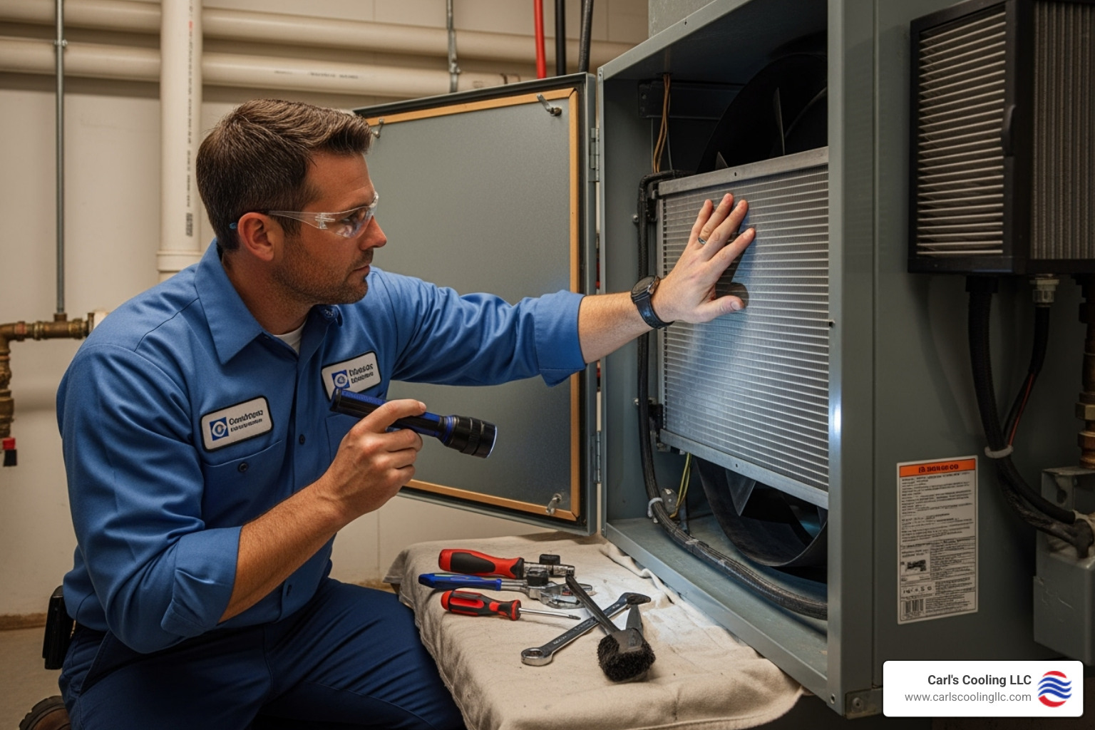 A professional HVAC technician carefully inspecting the indoor air handler unit of an AC system, ensuring all components are clean and functioning correctly. - ac cleaning conroe tx A professional HVAC technician carefully inspecting the indoor air handler unit of an AC system, ensuring all components are clean and functioning correctly. - ac cleaning conroe tx