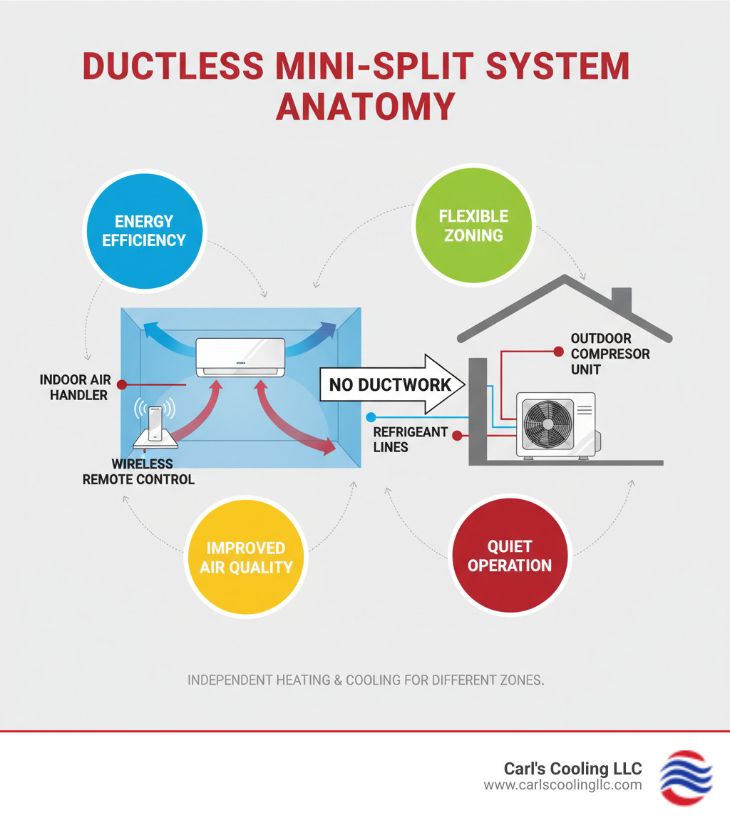 Infographic showing the anatomy of a ductless mini-split system with labeled components including indoor air handler, outdoor compressor unit, refrigerant lines, and wireless remote control. Arrows indicate how the system provides independent heating and cooling to different zones without ductwork, with callouts highlighting key benefits: energy efficiency, flexible zoning, improved air quality, and quiet operation. - ductless heating repair conroe infographic  Infographic showing the anatomy of a ductless mini-split system with labeled components including indoor air handler, outdoor compressor unit, refrigerant lines, and wireless remote control. Arrows indicate how the system provides independent heating and cooling to different zones without ductwork, with callouts highlighting key benefits: energy efficiency, flexible zoning, improved air quality, and quiet operation. - ductless heating repair conroe infographic