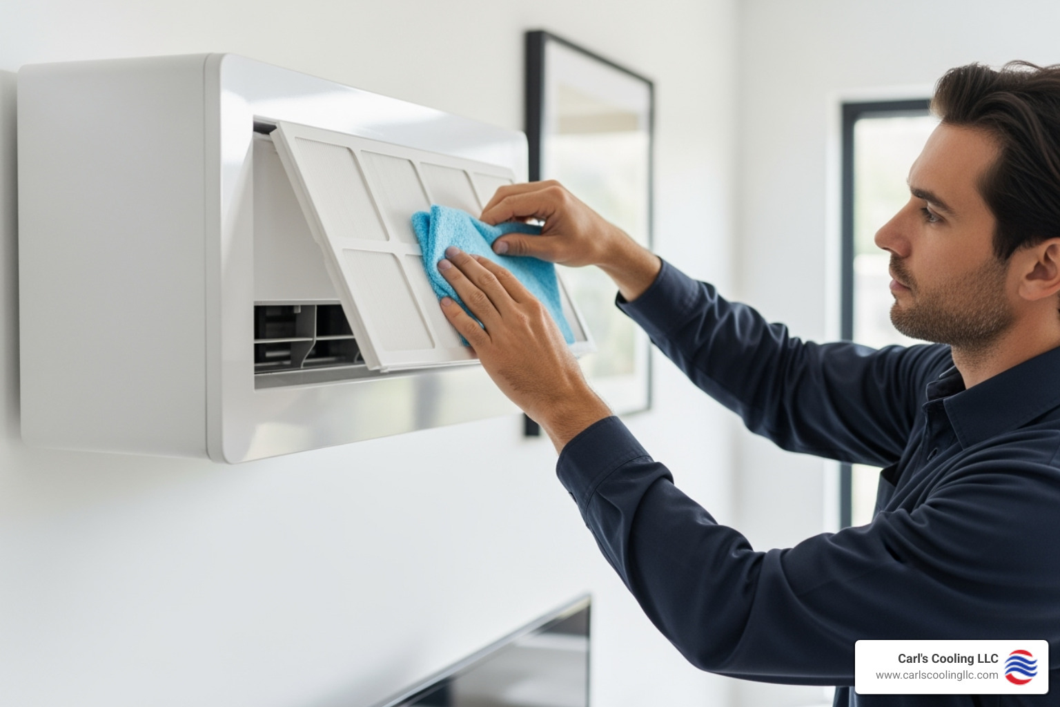 technician cleaning the filter of an indoor ductless unit - ductless heating repair conroe technician cleaning the filter of an indoor ductless unit - ductless heating repair conroe