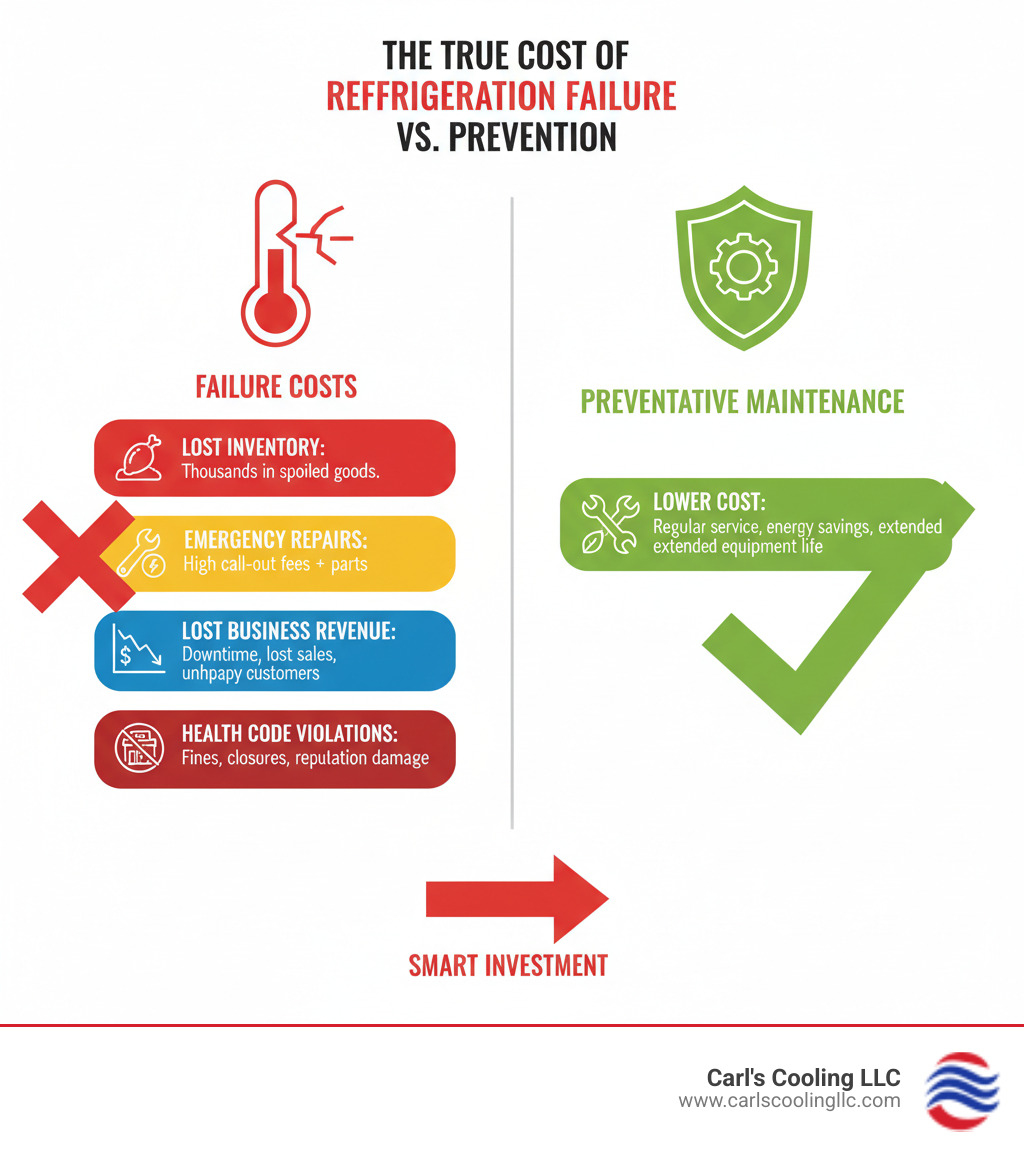 infographic showing the cost breakdown of refrigeration system failure including lost inventory, emergency repair fees, lost business revenue, and potential health code violations compared to the lower cost of regular preventative maintenance - commercial refrigeration service conroe infographic 