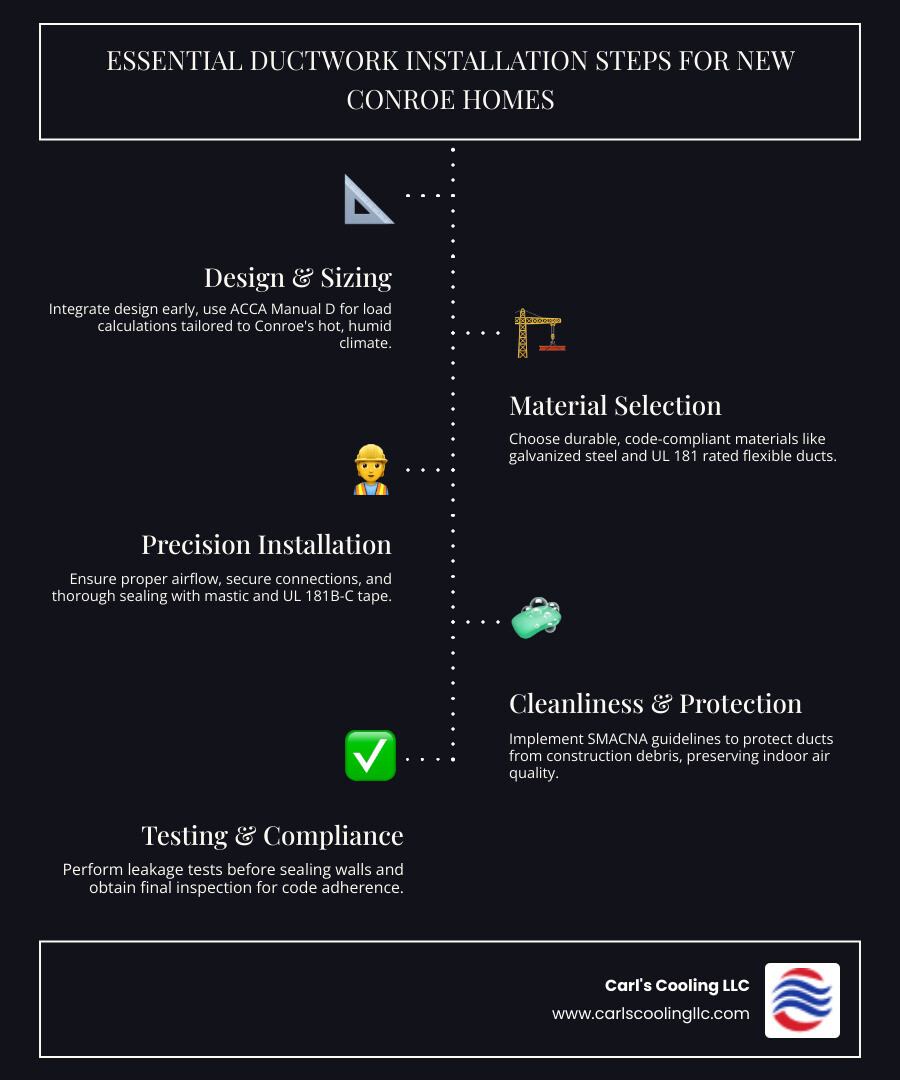 Infographic showing the ductwork installation process for new construction: 1) Design phase with Manual D calculations for Conroe climate, 2) Material selection including galvanized steel and flexible ducts meeting UL 181 standards, 3) Installation with proper sealing using mastic and tape, 4) Protection from construction debris following SMACNA cleanliness levels, 5) Leakage testing before walls close, 6) Final inspection for code compliance - ductwork installation new construction conroe infographic infographic-line-5-steps-dark