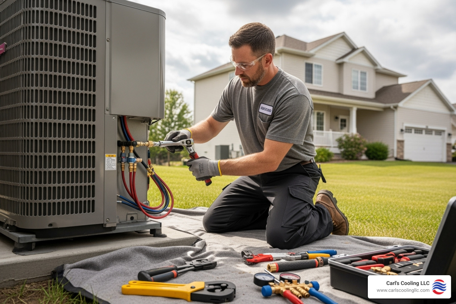 certified technician installing outdoor heat pump unit - heat pump installation conroe