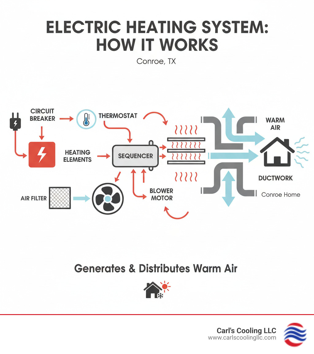 Infographic showing the main components of an electric heating system, including the thermostat, circuit breaker, heating elements, sequencer, blower motor, air filter, and ductwork, with arrows indicating how electricity flows through the system to generate and distribute warm air throughout a Conroe home - electric heat repair conroe infographic 