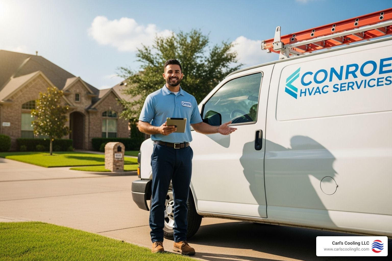 Friendly, professional technician with a van in a Conroe neighborhood - electric heat repair conroe