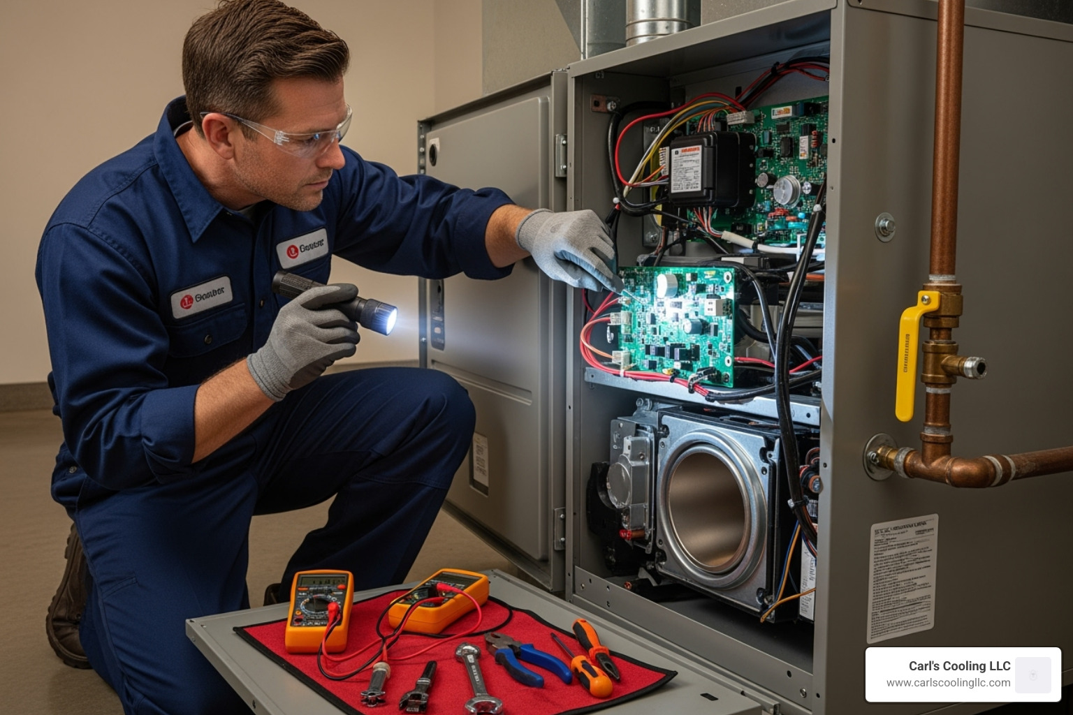 professional technician inspecting a home furnace - Carbon monoxide leak professional technician inspecting a home furnace - Carbon monoxide leak