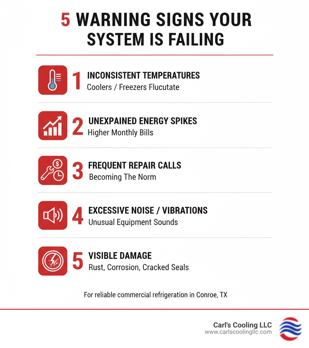 Infographic showing the top 5 warning signs your commercial refrigeration system is failing: 1) Inconsistent temperatures in coolers or freezers, 2) Unexplained increases in monthly energy bills, 3) Frequent repair calls becoming the norm, 4) Excessive noise or unusual vibrations from equipment, 5) Visible damage like rust, corrosion, or cracked door seals - commercial refrigeration contractor conroe infographic Infographic showing the top 5 warning signs your commercial refrigeration system is failing: 1) Inconsistent temperatures in coolers or freezers, 2) Unexplained increases in monthly energy bills, 3) Frequent repair calls becoming the norm, 4) Excessive noise or unusual vibrations from equipment, 5) Visible damage like rust, corrosion, or cracked door seals - commercial refrigeration contractor conroe infographic