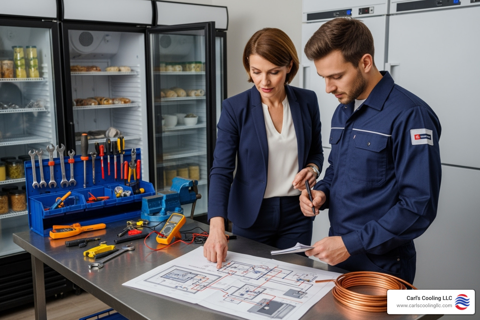 a business owner discussing plans with a refrigeration technician - commercial refrigeration contractor conroe a business owner discussing plans with a refrigeration technician - commercial refrigeration contractor conroe