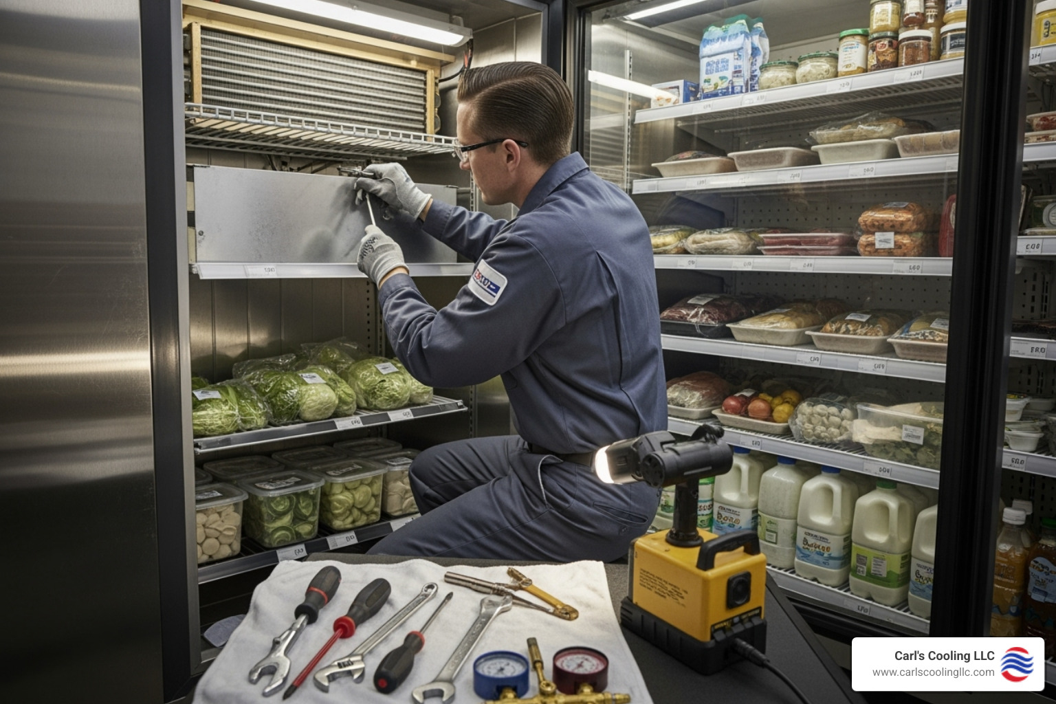 a uniformed technician professionally servicing a walk-in cooler unit - commercial refrigeration contractor conroe a uniformed technician professionally servicing a walk-in cooler unit - commercial refrigeration contractor conroe