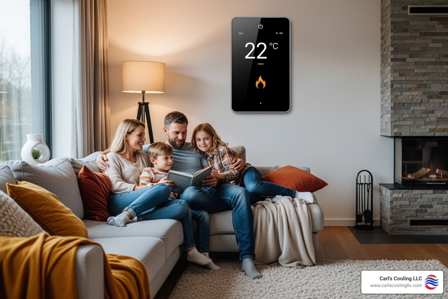 family enjoying their home with a smart thermostat visible - renovation hvac service conroe