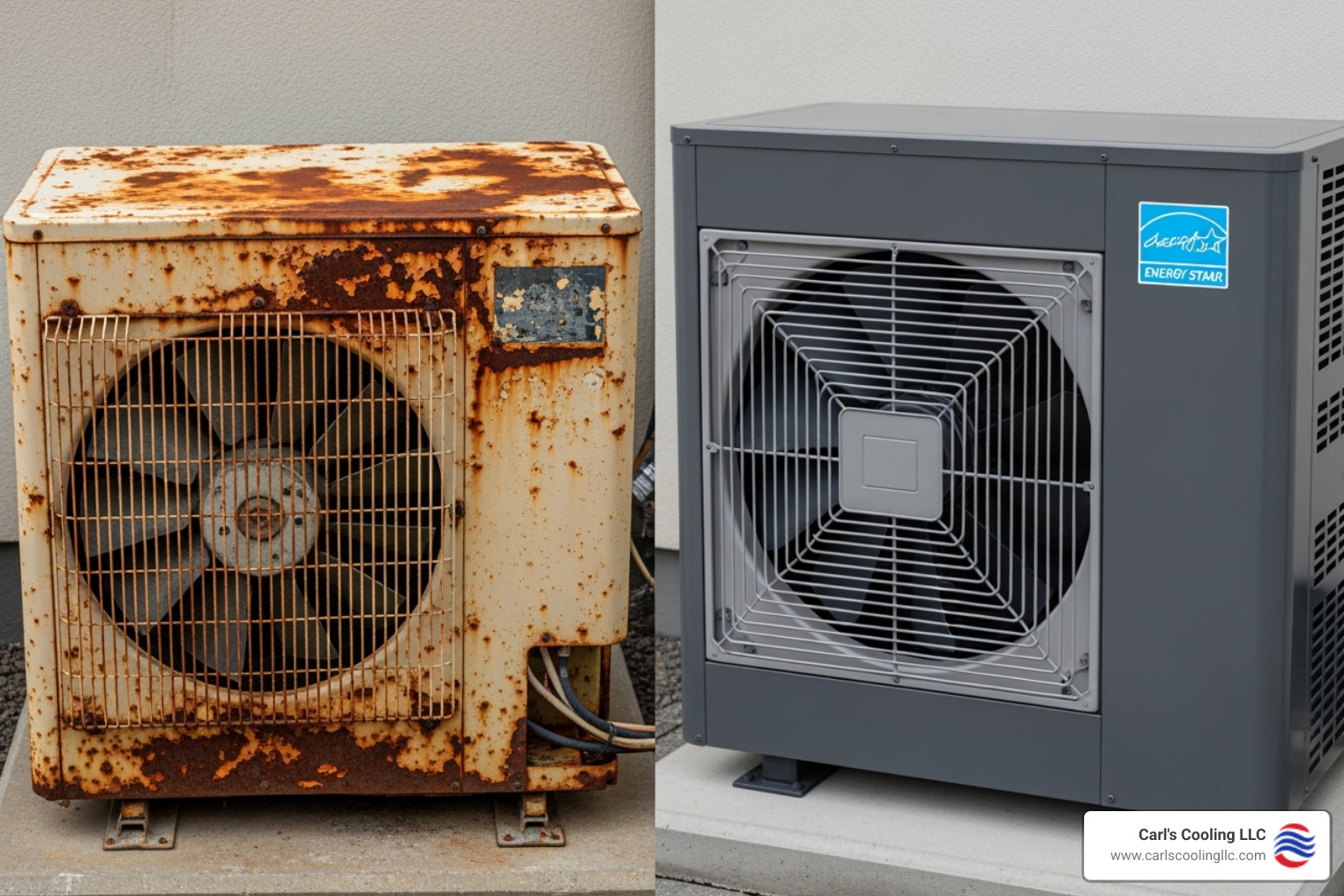 old rusty outdoor AC unit contrasted with a new modern energy-efficient unit - renovation hvac service conroe