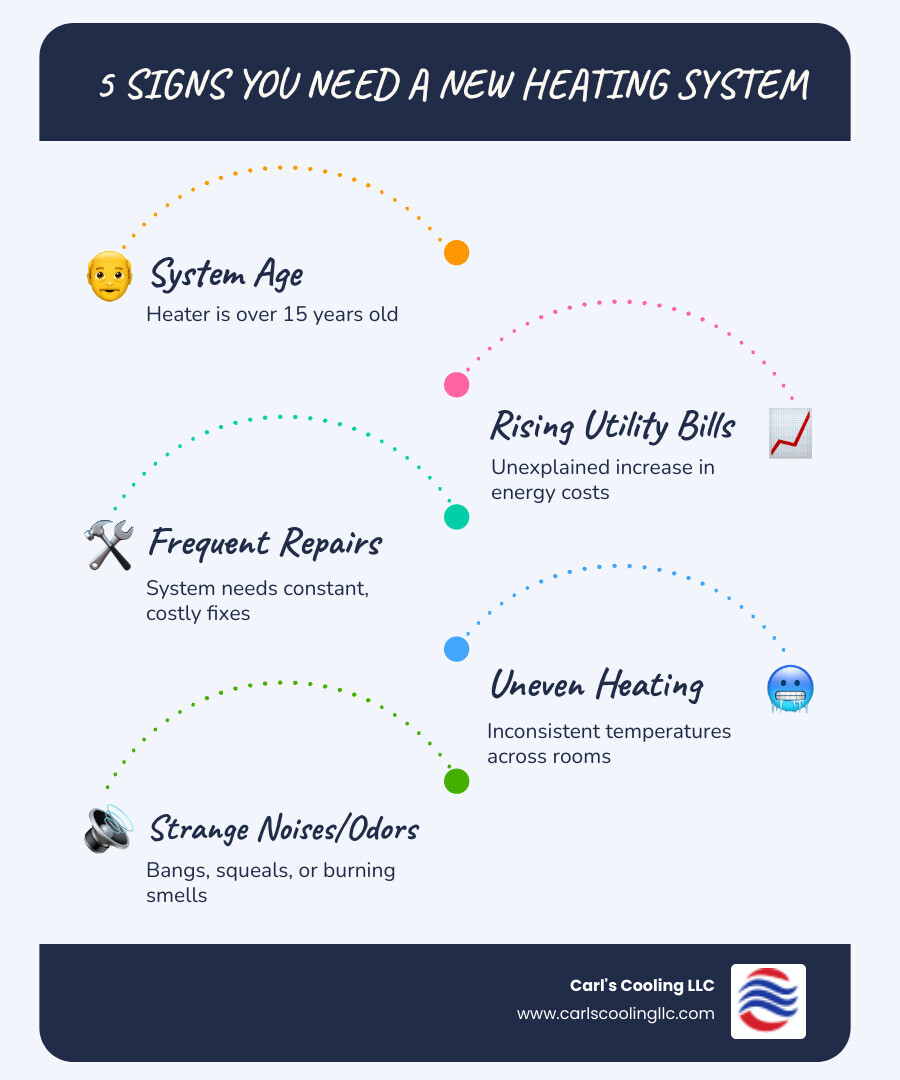 Infographic showing the top 5 signs you need a new heating system: system age over 15 years, rising utility bills, frequent repairs, uneven heating throughout the home, and strange noises or odors - heating installation conroe tx infographic infographic-line-5-steps-blues-accent_colors