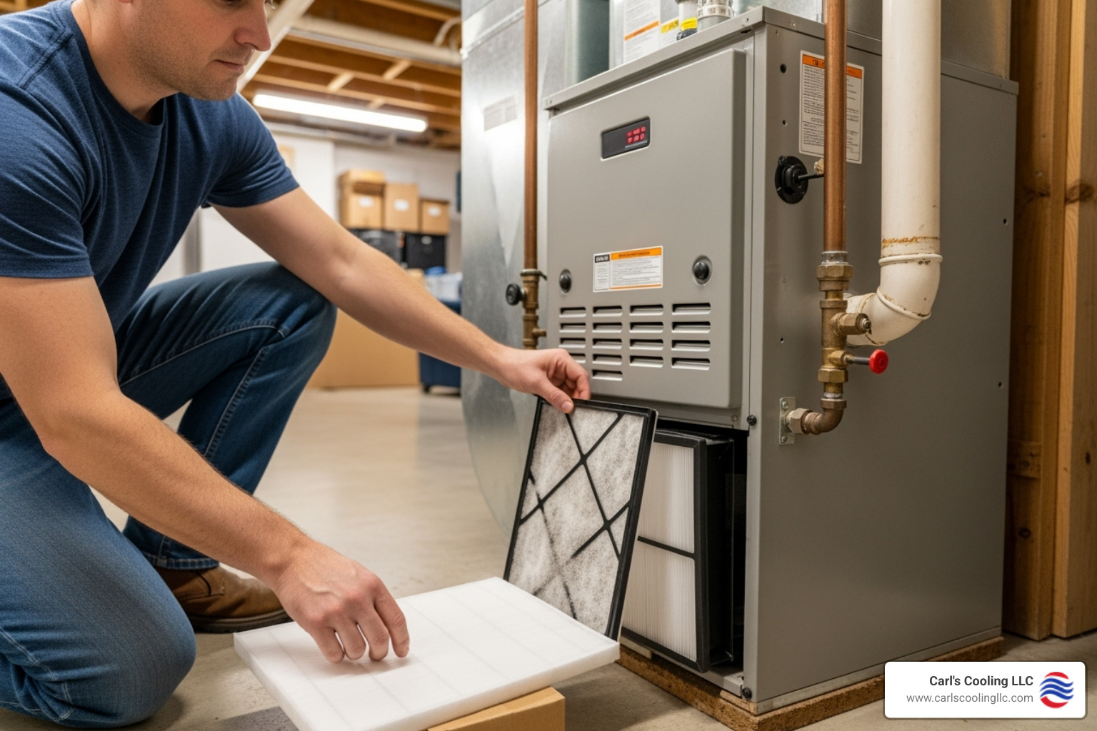 Homeowner checking the air filter of their furnace - gas furnace repair conroe