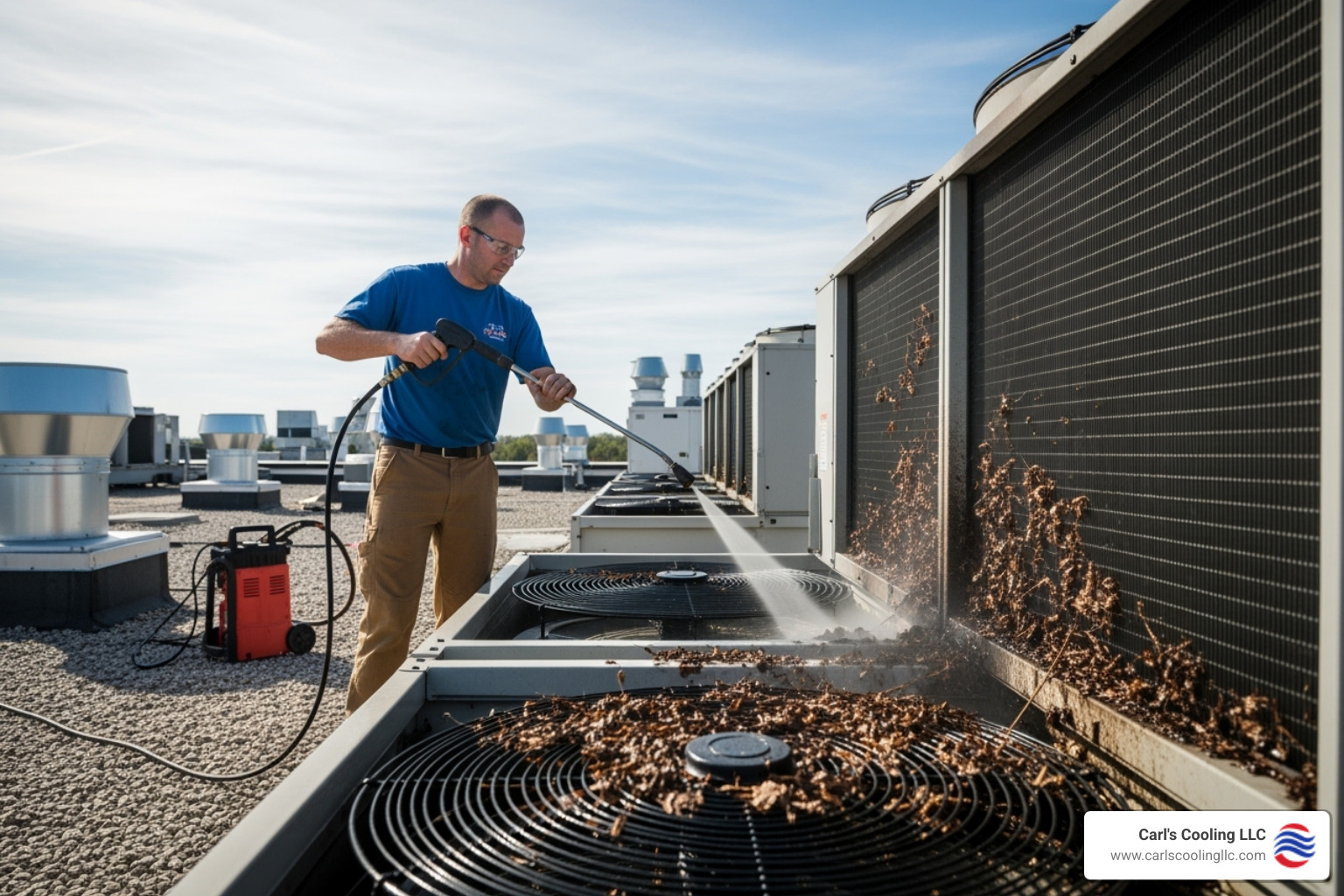 a technician cleaning condenser coils on a rooftop unit - refrigeration maintenance conroe a technician cleaning condenser coils on a rooftop unit - refrigeration maintenance conroe