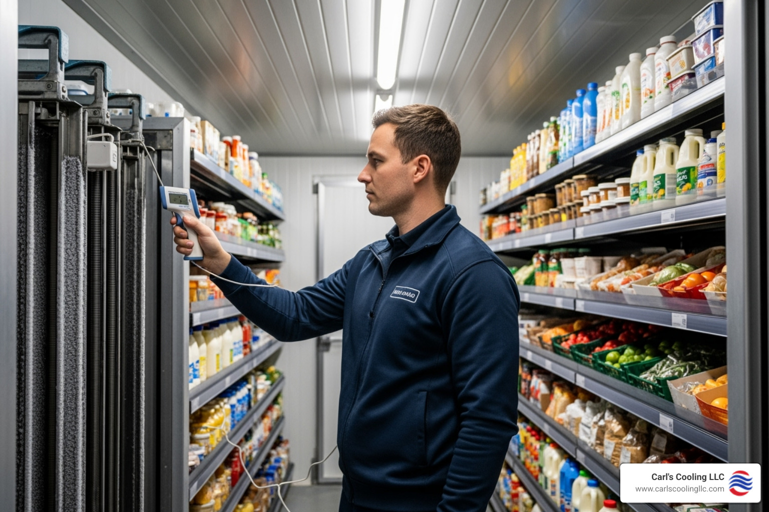 a technician checking the temperature of a walk-in cooler - refrigeration maintenance conroe a technician checking the temperature of a walk-in cooler - refrigeration maintenance conroe