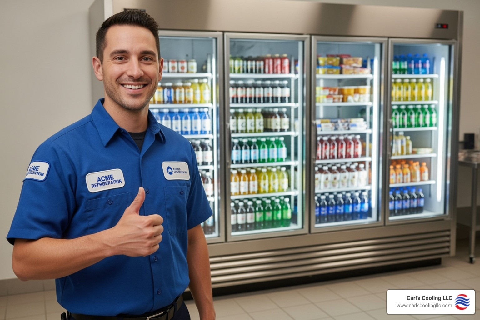 a smiling technician giving a thumbs up next to a well-maintained commercial refrigeration unit - refrigeration maintenance conroe a smiling technician giving a thumbs up next to a well-maintained commercial refrigeration unit - refrigeration maintenance conroe
