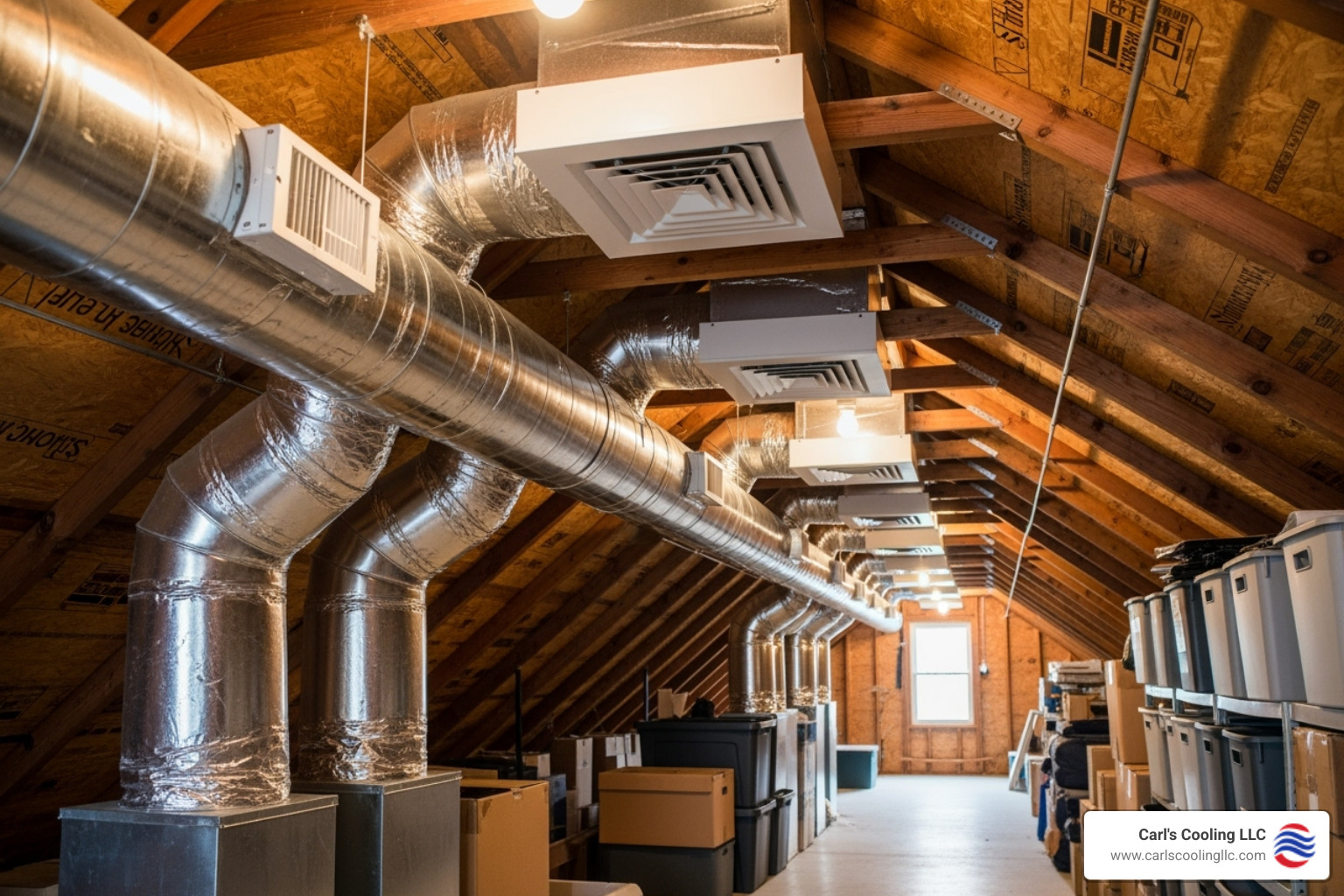 An image of a clean, organized attic space showing perfectly installed ductwork leading to vents - new construction ac installation montgomery