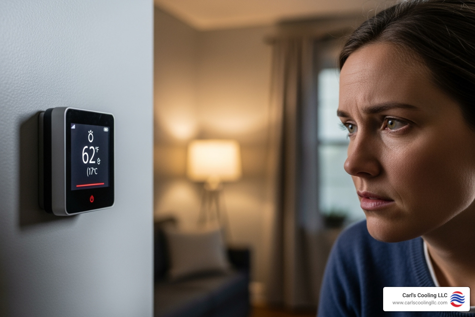 homeowner looking concerned at thermostat - heat pump repair conroe