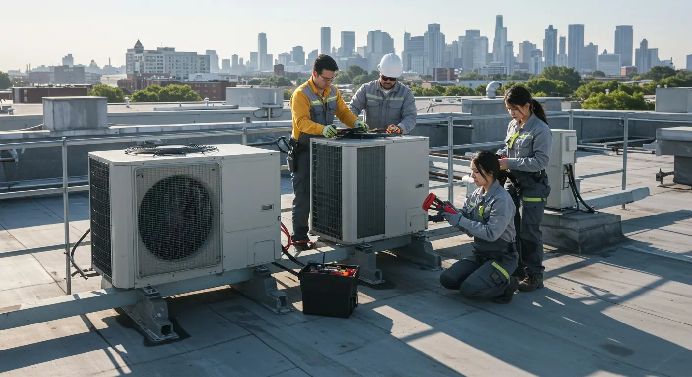 Team repairing rooftop HVAC unit, city skyline.