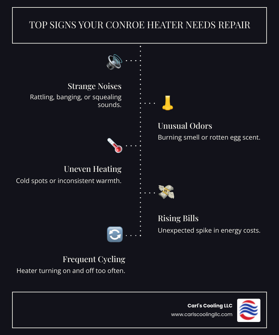 infographic showing common heater warning signs including strange noises like rattling and banging, unusual smells like burning or rotten eggs, uneven room temperatures with cold spots, rising energy bills, frequent on-off cycling, and thermostat malfunctions, with icons for each symptom and a recommendation to call a professional when these occur - best heating repair conroe infographic infographic-line-5-steps-dark infographic showing common heater warning signs including strange noises like rattling and banging, unusual smells like burning or rotten eggs, uneven room temperatures with cold spots, rising energy bills, frequent on-off cycling, and thermostat malfunctions, with icons for each symptom and a recommendation to call a professional when these occur - best heating repair conroe infographic infographic-line-5-steps-dark