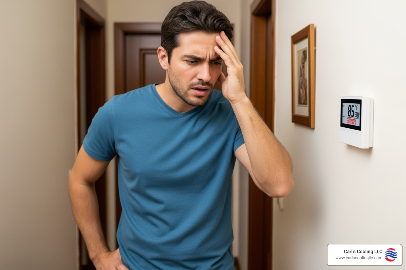 A homeowner looking concerned at their thermostat, with a hand on their forehead, indicating frustration or worry - heating service montgomery tx A homeowner looking concerned at their thermostat, with a hand on their forehead, indicating frustration or worry - heating service montgomery tx