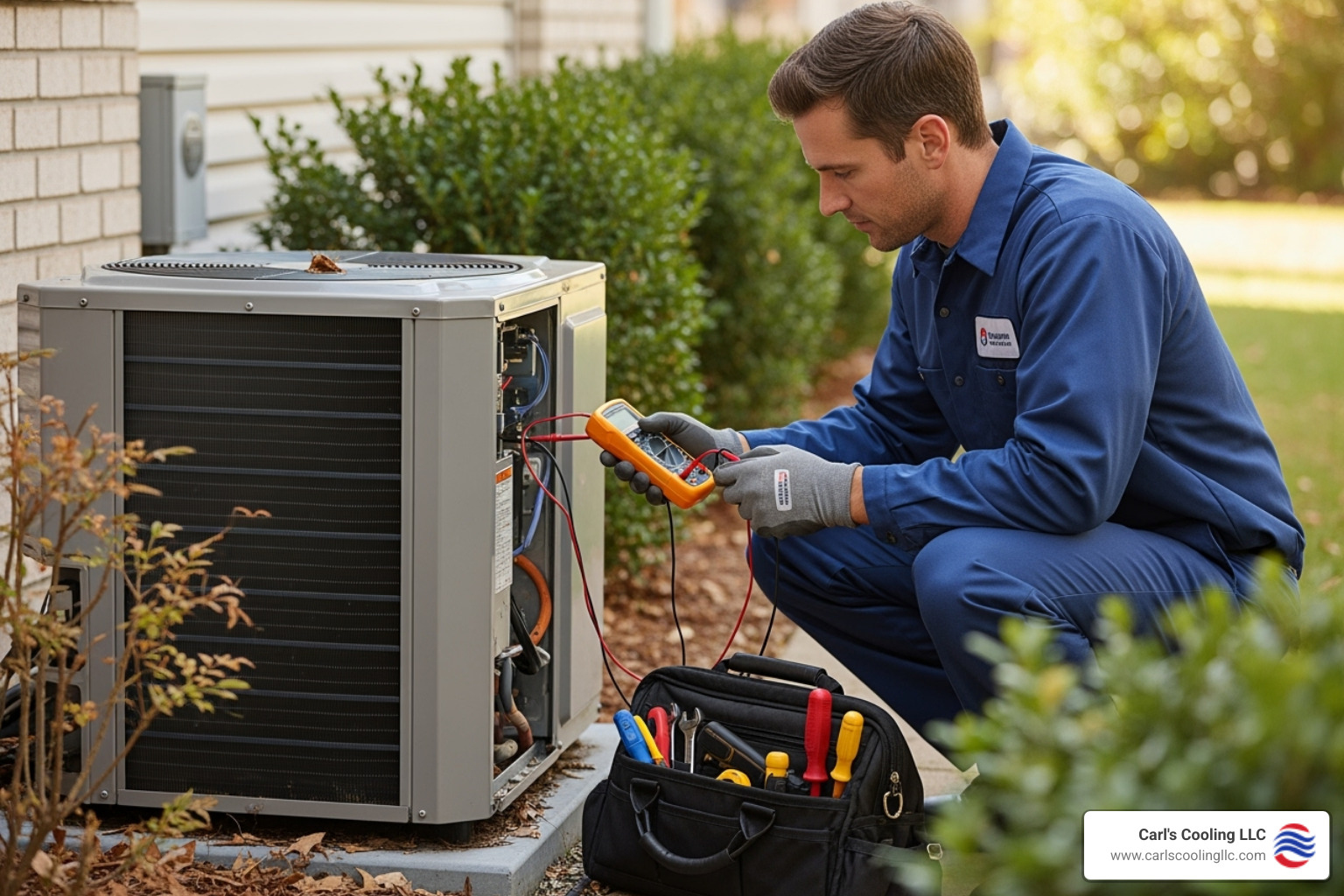 A professional HVAC technician meticulously servicing an outdoor heat pump unit, checking components and connections - heating service montgomery tx A professional HVAC technician meticulously servicing an outdoor heat pump unit, checking components and connections - heating service montgomery tx
