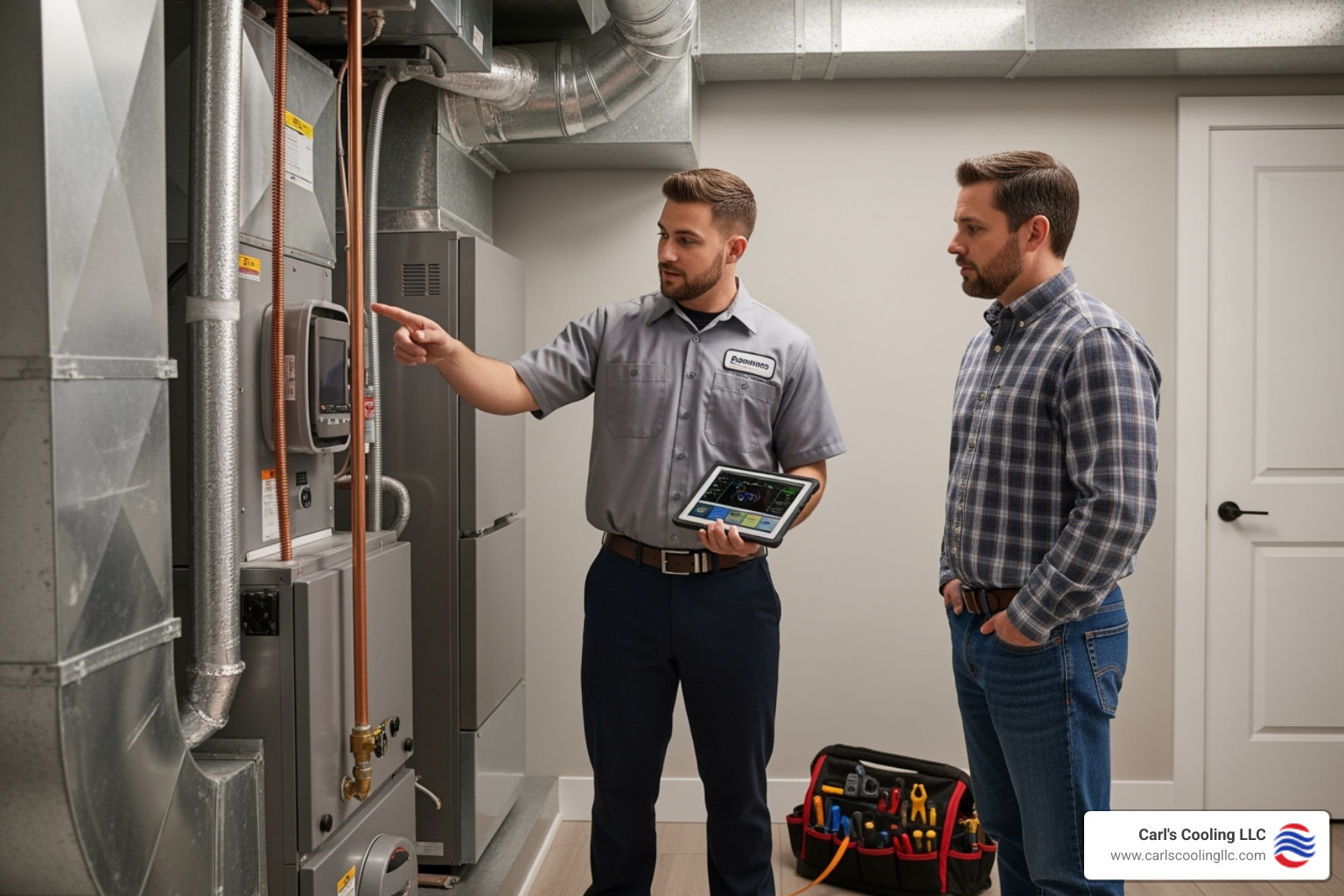 friendly technician explaining a diagnosis to a homeowner - heating system repair montgomery county