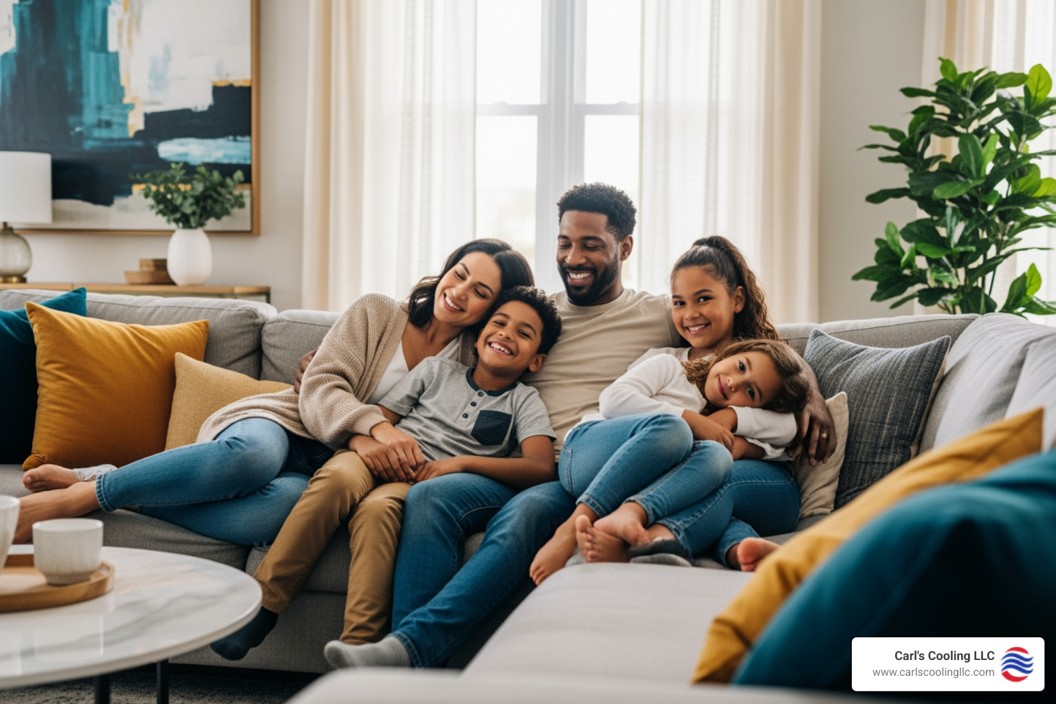 A family relaxing comfortably in their cool living room - air conditioning replacement montgomery county A family relaxing comfortably in their cool living room - air conditioning replacement montgomery county