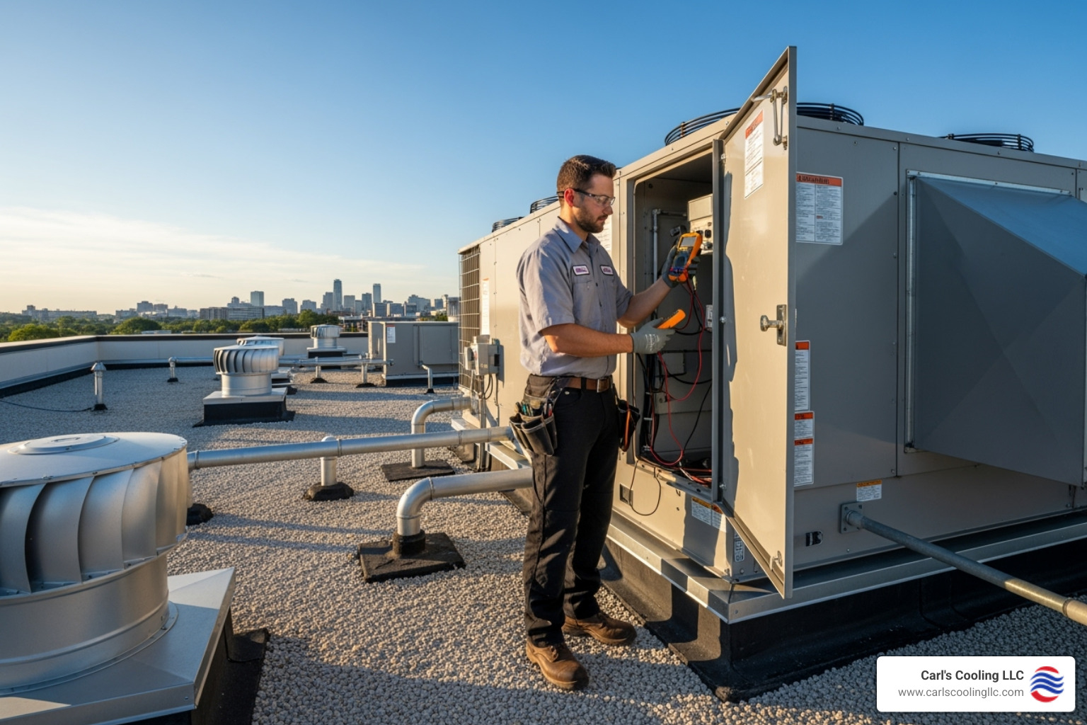 technician performing a maintenance check on a commercial unit - commercial hvac contractor conroe