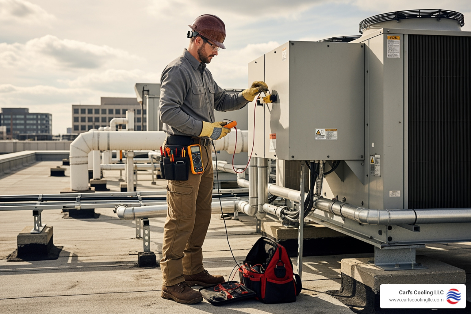 professional technician working on a commercial rooftop HVAC unit - 24 hour commercial heating services in dominion ridge, tx professional technician working on a commercial rooftop HVAC unit - 24 hour commercial heating services in dominion ridge, tx