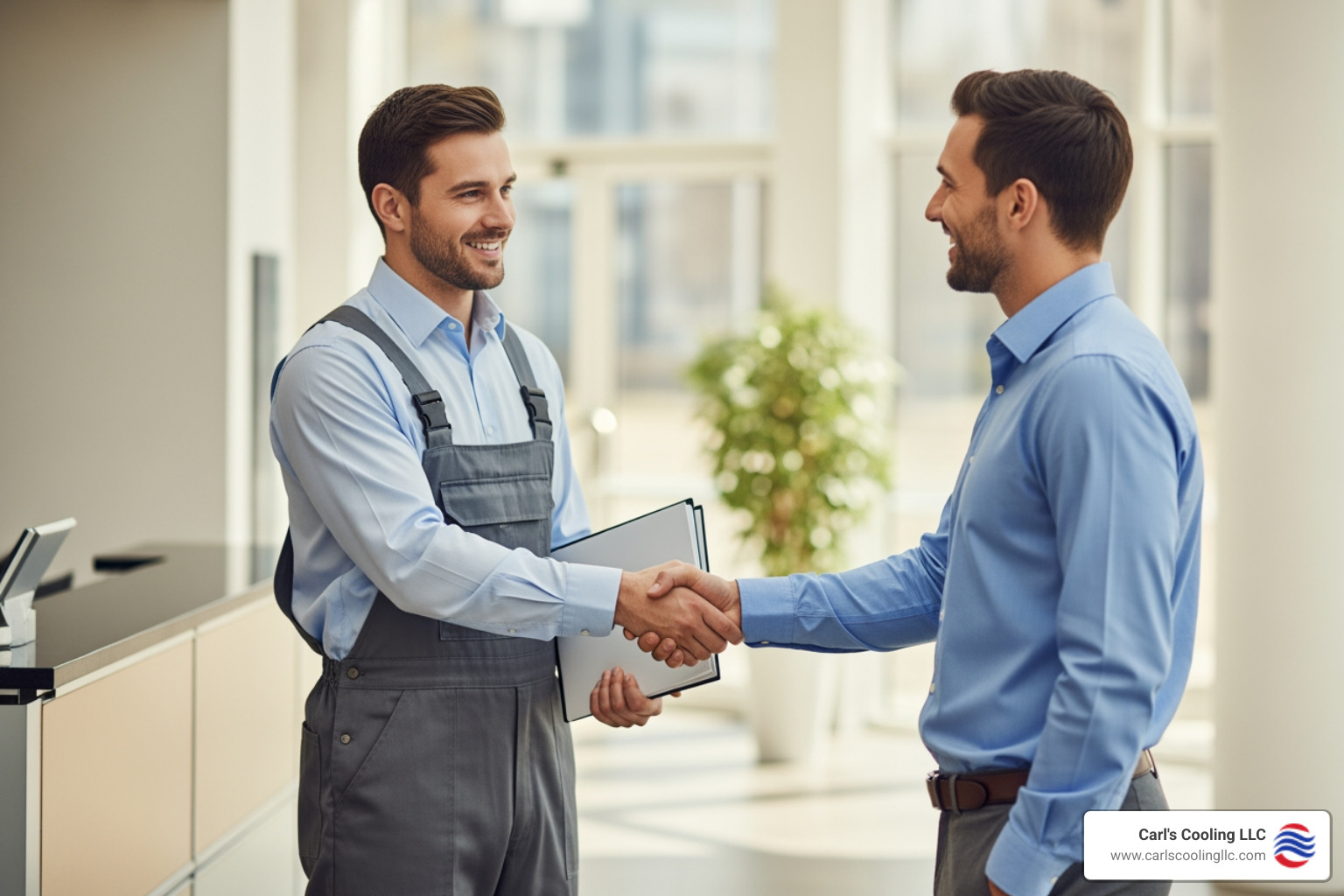 friendly technician shaking hands with a business owner - commercial heating services in carriage hills, tx
