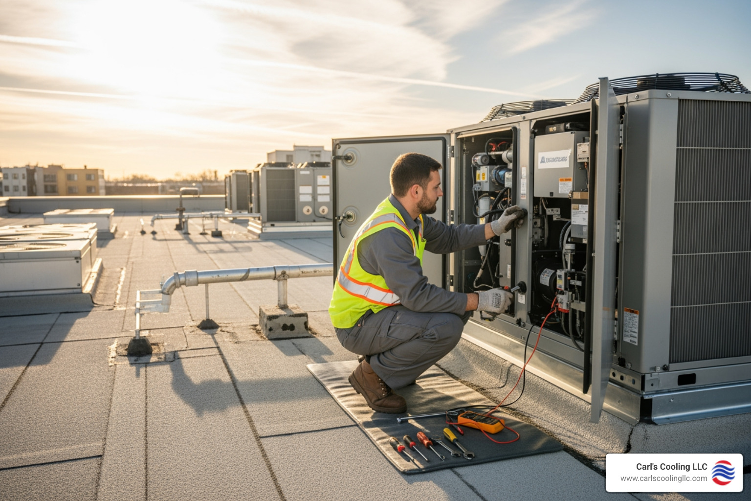 technician performing scheduled maintenance on a commercial rooftop unit - 24 hour commercial heating services in bentwater, tx