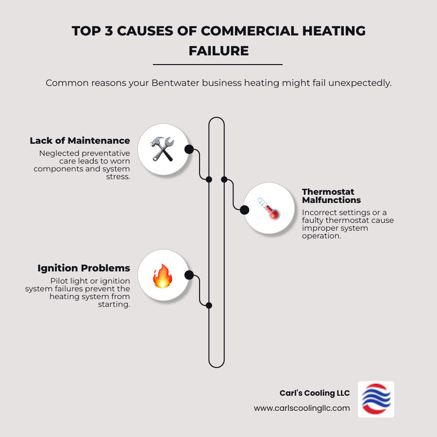 Infographic showing the top 3 causes of commercial heating failure: 1) Lack of preventative maintenance leading to worn components and system stress, 2) Thermostat malfunctions or incorrect settings causing improper system operation, 3) Ignition or pilot light problems preventing the heating system from starting - 24 hour commercial heating services in bentwater, tx infographic infographic-line-3-steps-elegant_beige