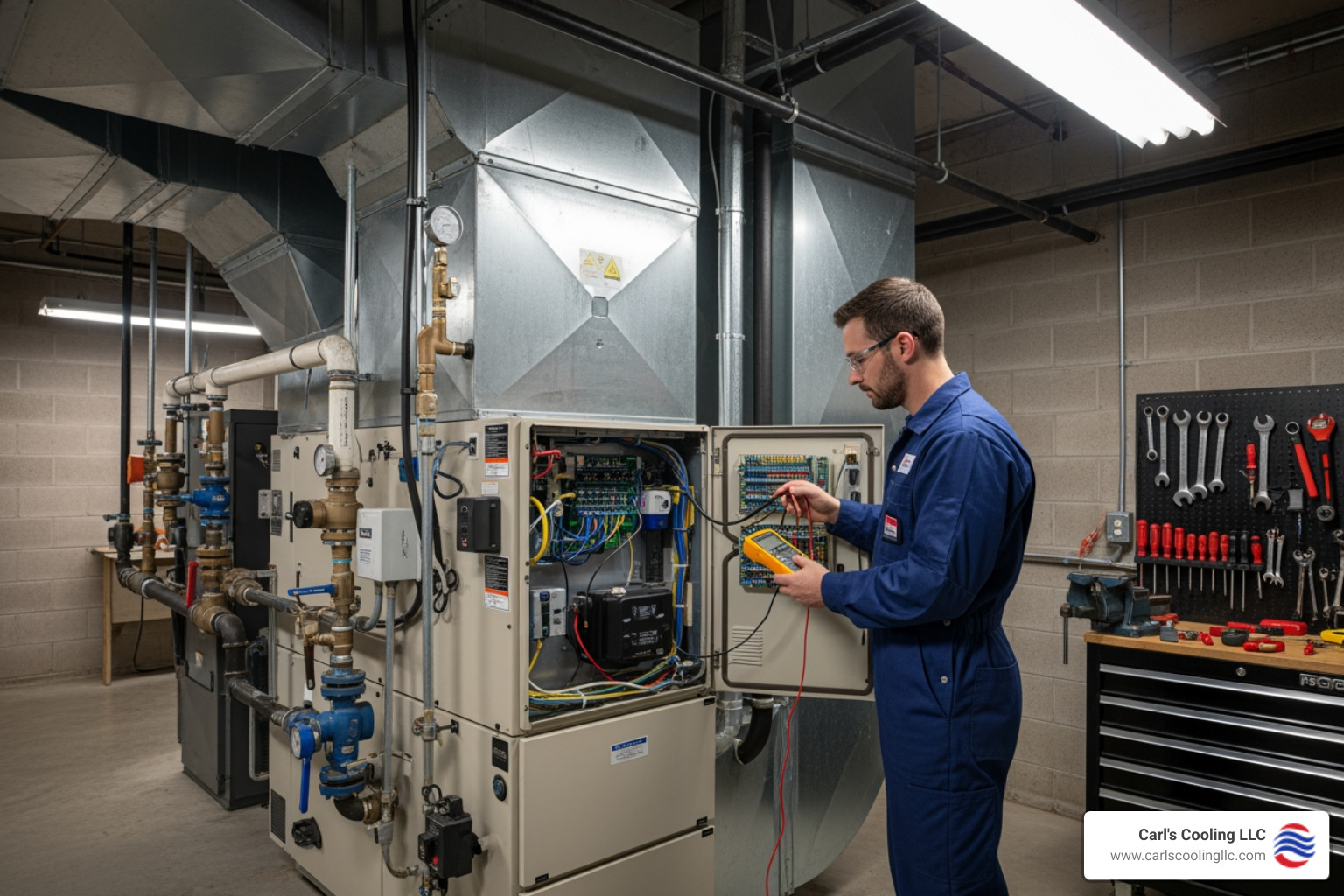 a technician performing a maintenance check on a commercial furnace - 24 hour commercial heating services in cypress, tx