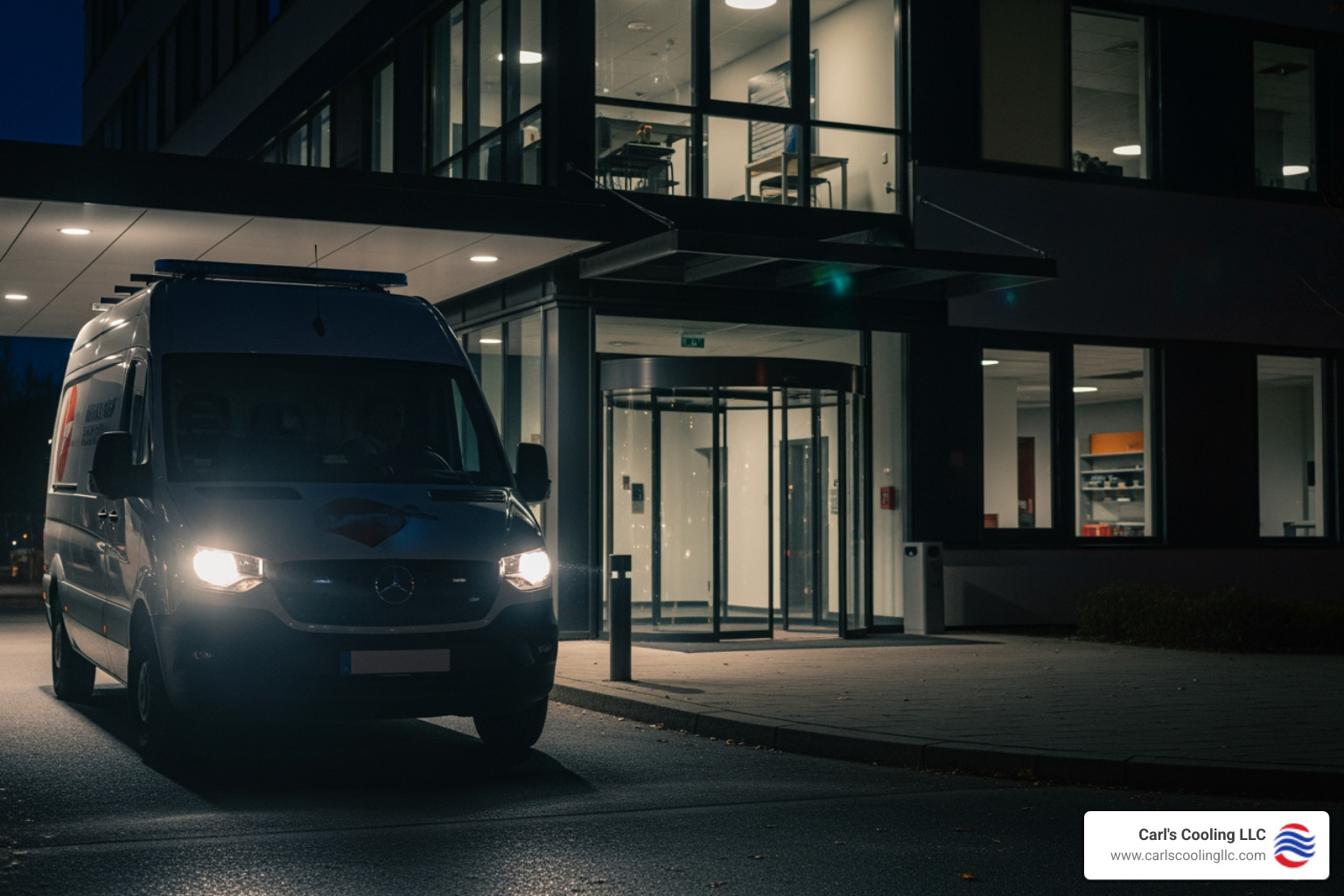 a service van arriving at a commercial building at night - 24 hour commercial heating services in cypress, tx