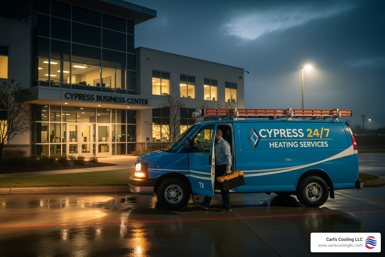 a building manager looking at a commercial thermostat displaying an error message - 24 hour commercial heating services in cypress, tx