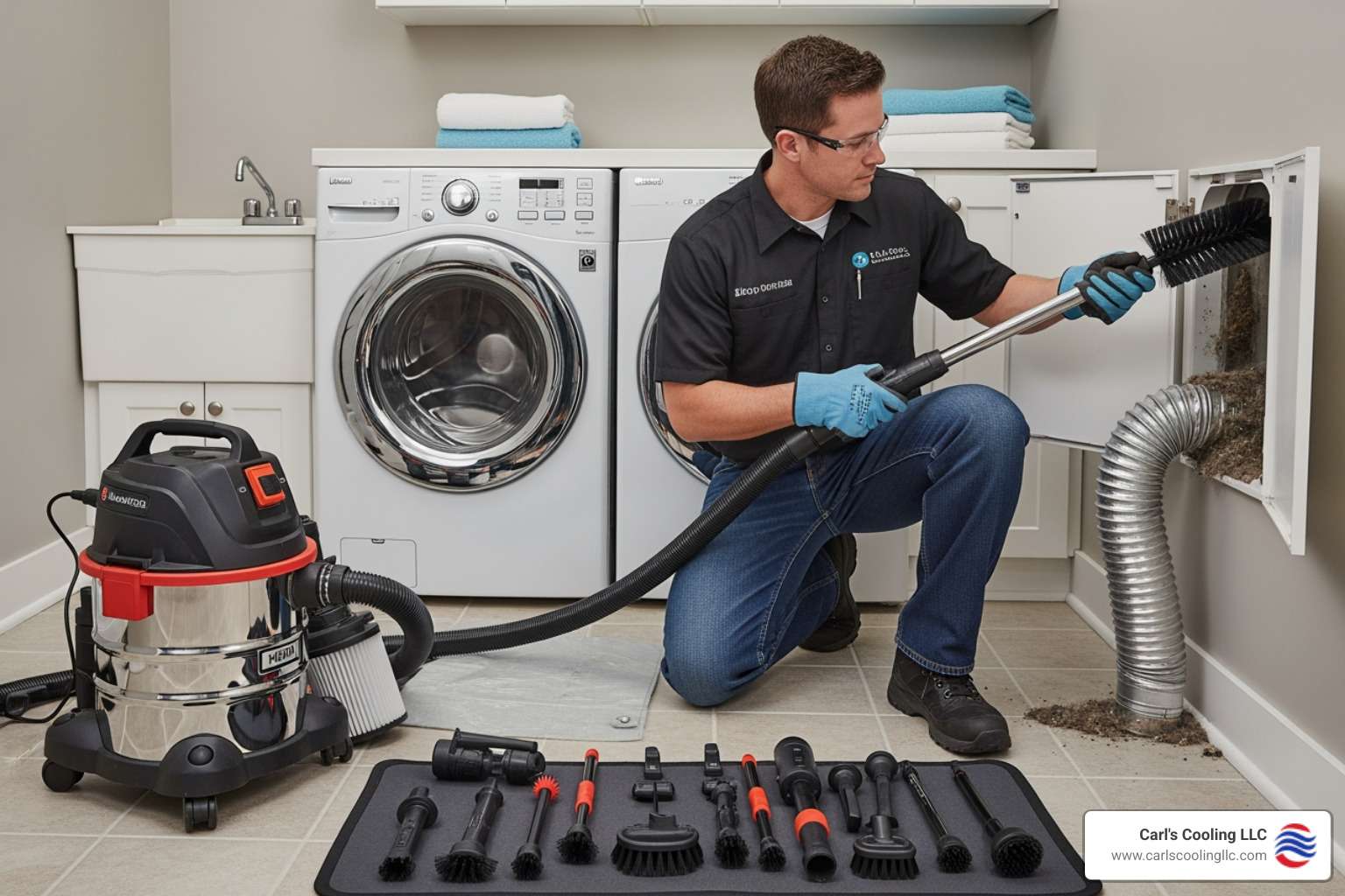 professional technician cleaning a dryer vent with specialized equipment - air duct cleaning houston