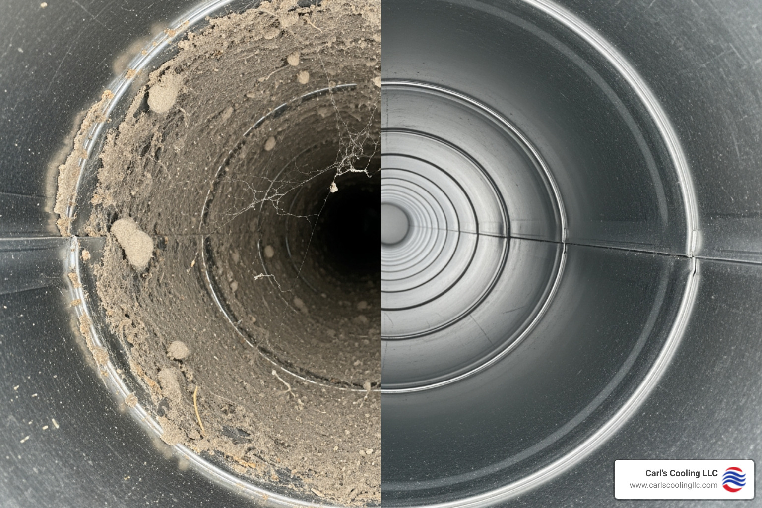 side-by-side comparison of a dirty and clean air duct interior - air duct cleaning houston