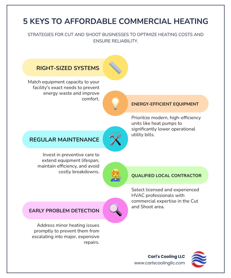Infographic showing factors that make commercial heating affordable: proper system sizing, energy-efficient equipment selection, regular preventive maintenance, qualified local contractor selection, and early problem detection to avoid emergency repairs - affordable commercial heating services in cut and shoot, tx infographic infographic-line-5-steps-colors Infographic showing factors that make commercial heating affordable: proper system sizing, energy-efficient equipment selection, regular preventive maintenance, qualified local contractor selection, and early problem detection to avoid emergency repairs - affordable commercial heating services in cut and shoot, tx infographic infographic-line-5-steps-colors