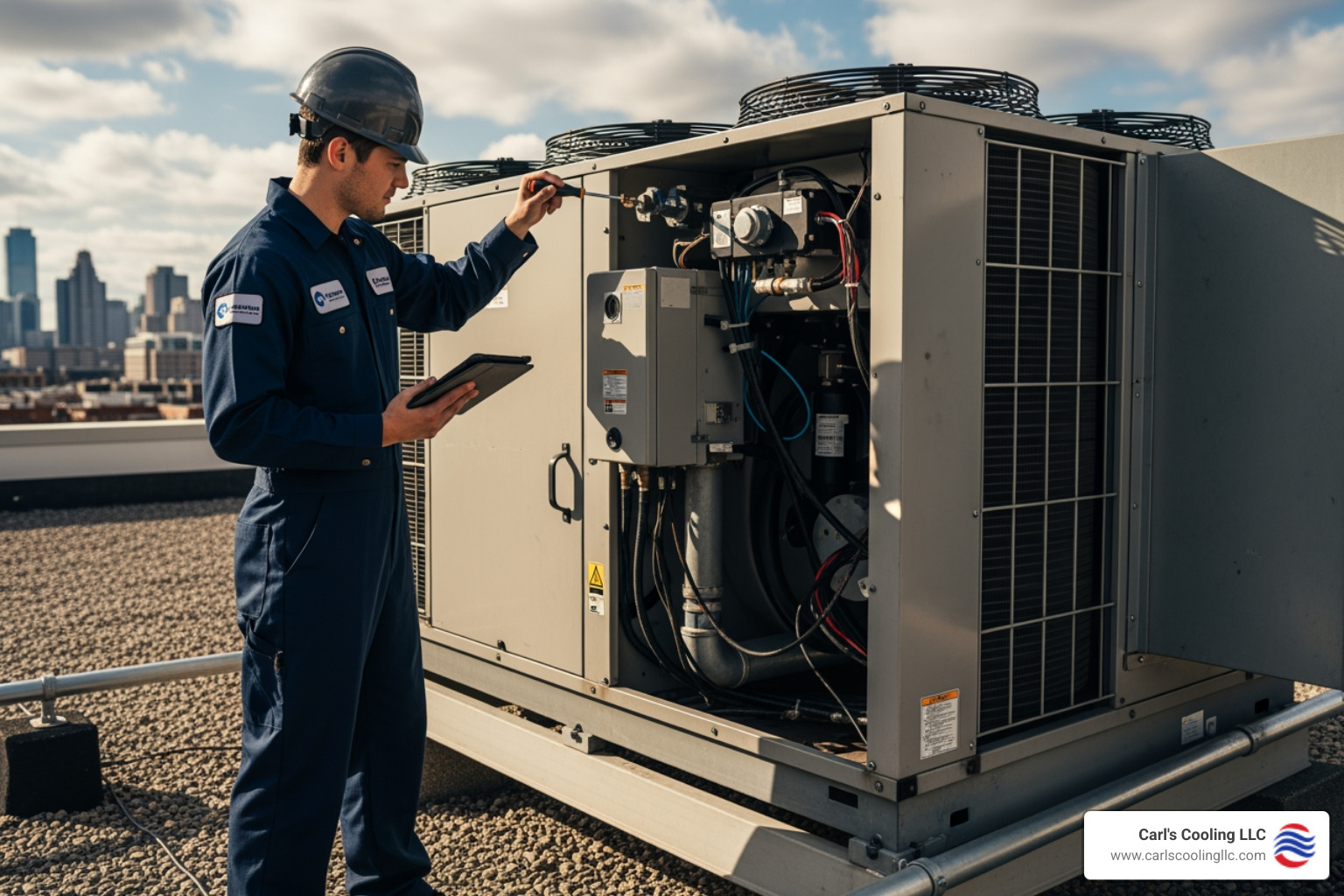 A professional technician inspecting a commercial rooftop HVAC unit. - affordable commercial heating services in cut and shoot, tx A professional technician inspecting a commercial rooftop HVAC unit. - affordable commercial heating services in cut and shoot, tx