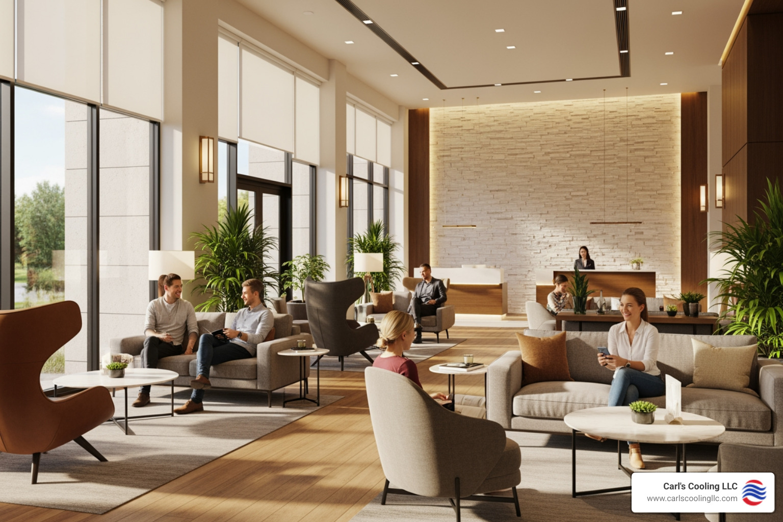 warm and inviting commercial lobby with happy customers - 24 hour commercial heating services in elk trace golf estates, tx