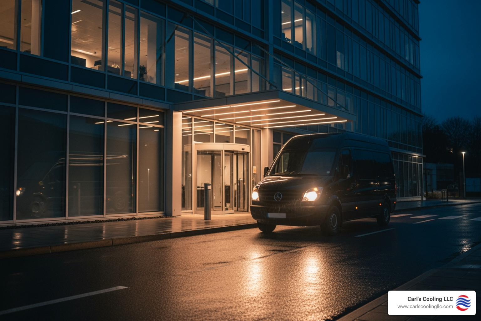 service van arriving at a commercial building at night - 24 hour commercial heating services in elk trace golf estates, tx