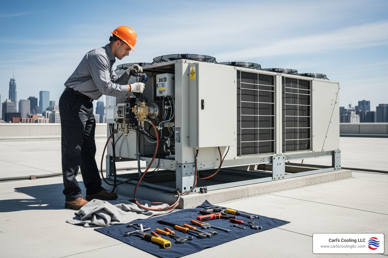 technician performing maintenance on a commercial rooftop HVAC unit - 24 hour commercial heating services in elk trace golf estates, tx