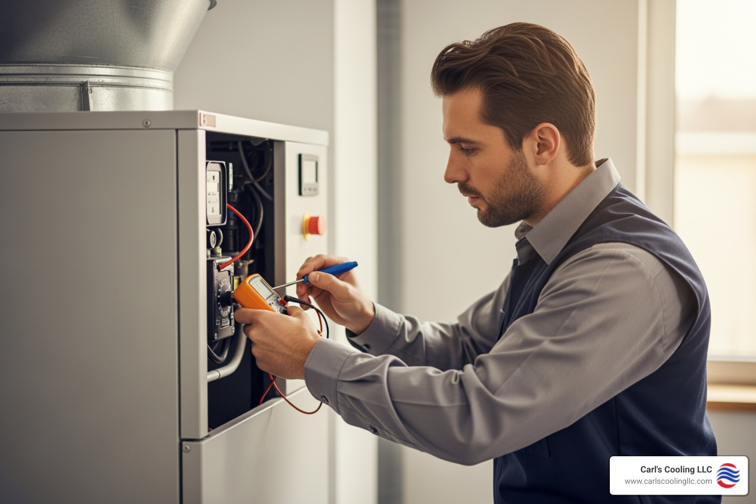 A technician performing maintenance on a commercial heating unit, emphasizing the importance of preventative care. - commercial heating services in crown oaks, tx